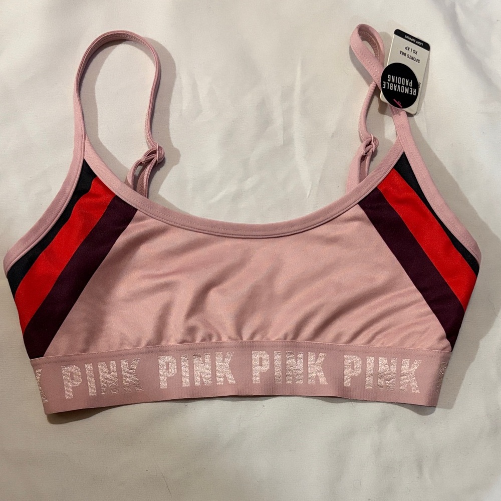 PINK Victoria's Secret Blush Sports Bra with Red and Black Stripes